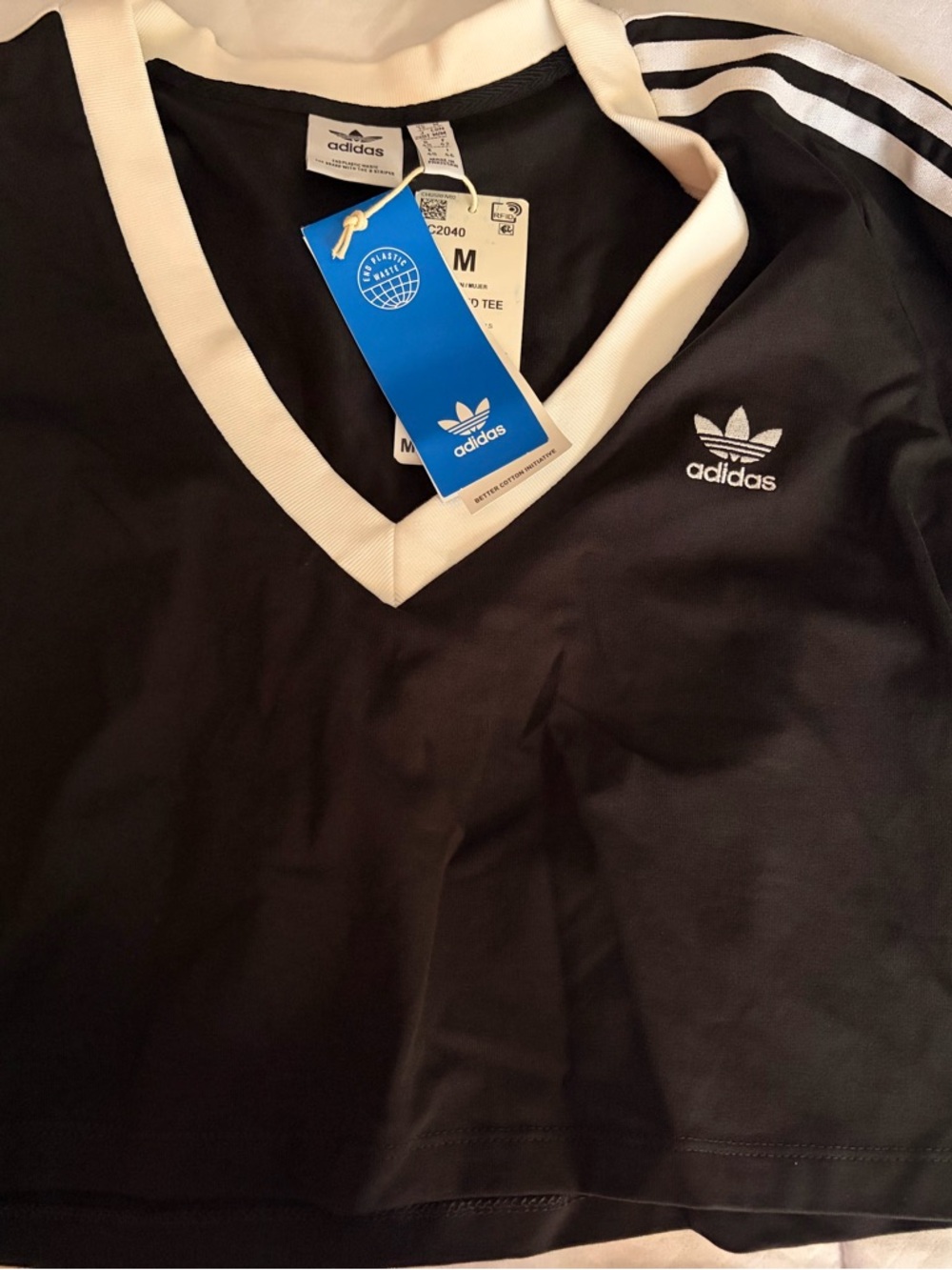 adidas Black V-Neck Trefoil Tee with White Trim